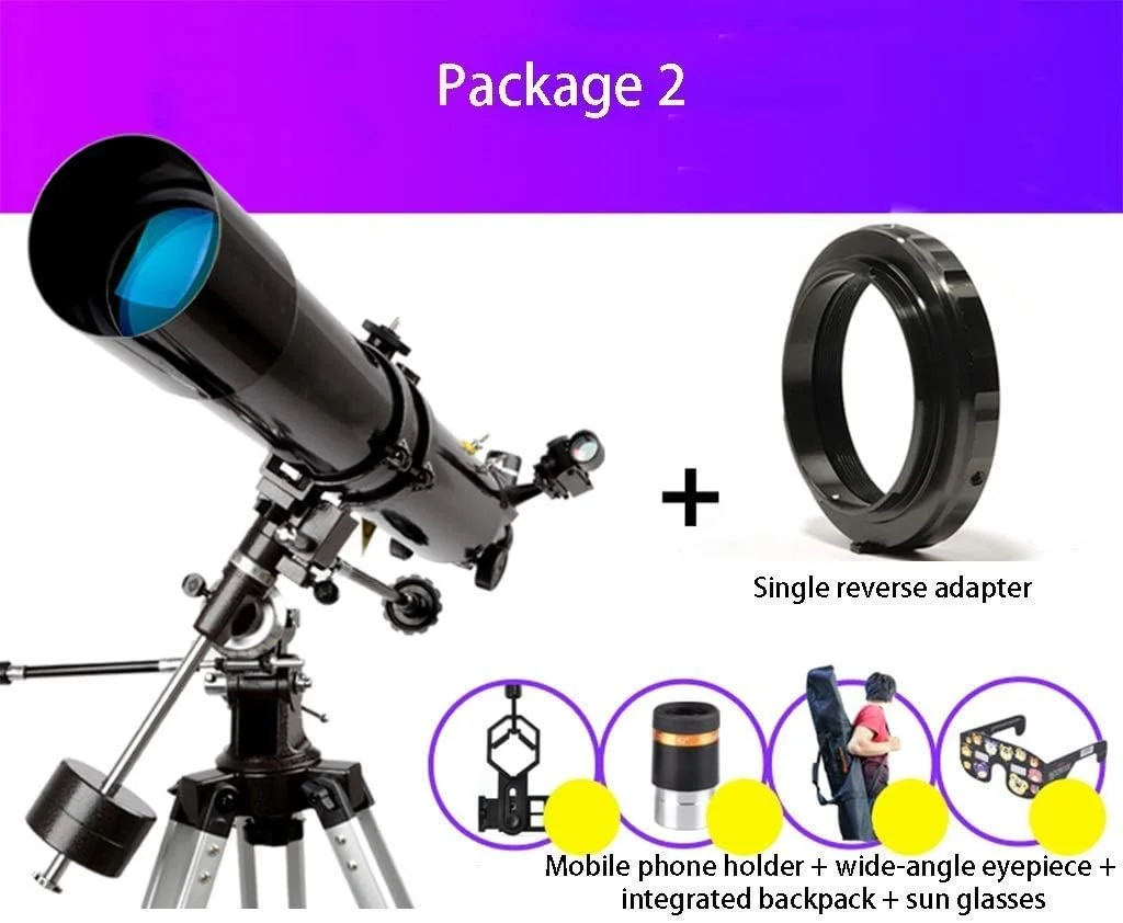 تلسکوپ نجومی با دهانه 80 میلی‌متری و فاصله کانونی 900 میلی‌متری، شکست نور برای مبتدیان، کیف حمل مسافرتی و سه‌پایه قابل تنظیم