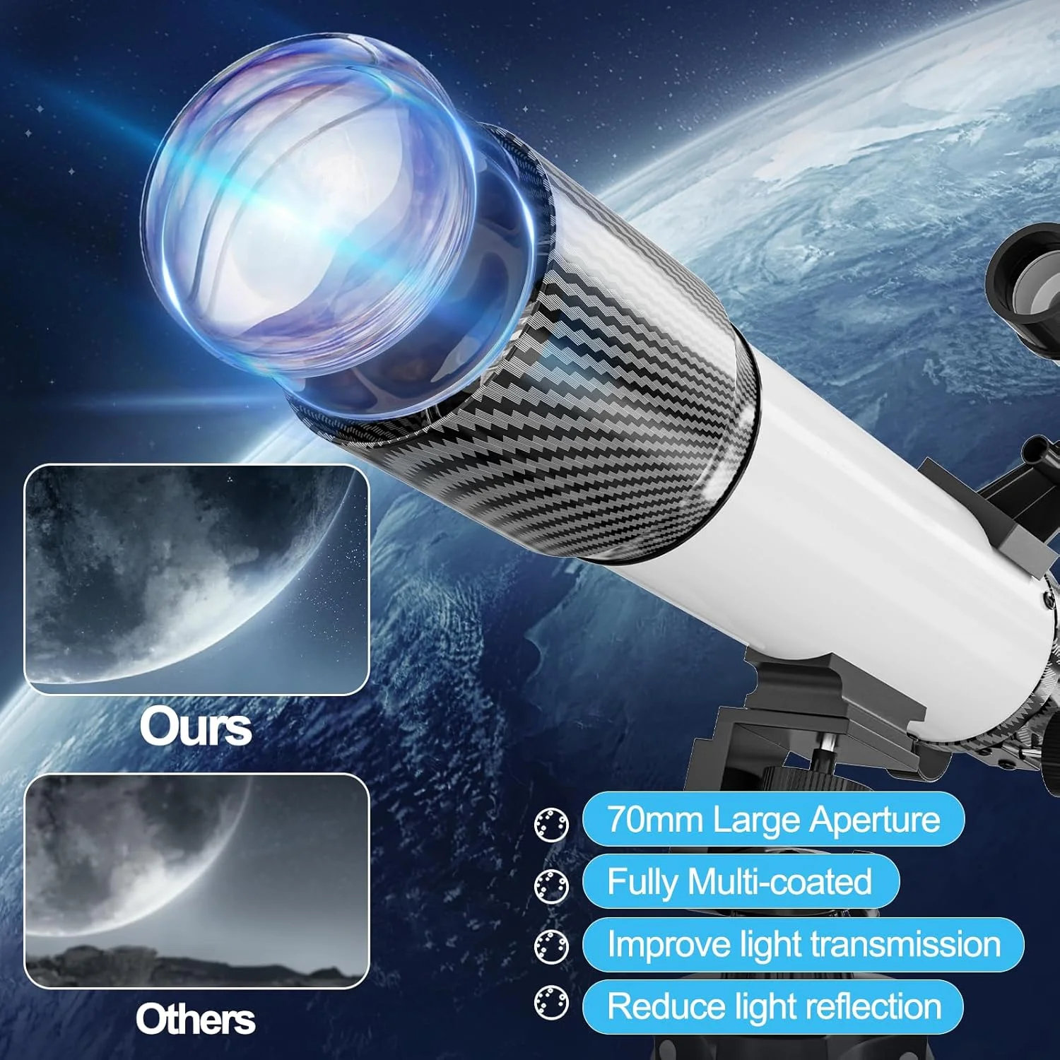 تلسکوپ با قدرت بالا برای بزرگسالان و کودکان، دهانه 70 میلی‌متری، تلسکوپ نجومی 400 میلی‌متری (20x-330x) برای کودکان و مبتدیان، تلسکوپ‌های شکست نور مسافرتی قابل حمل با آداپتور تلفن، سه‌پایه، کیف حمل