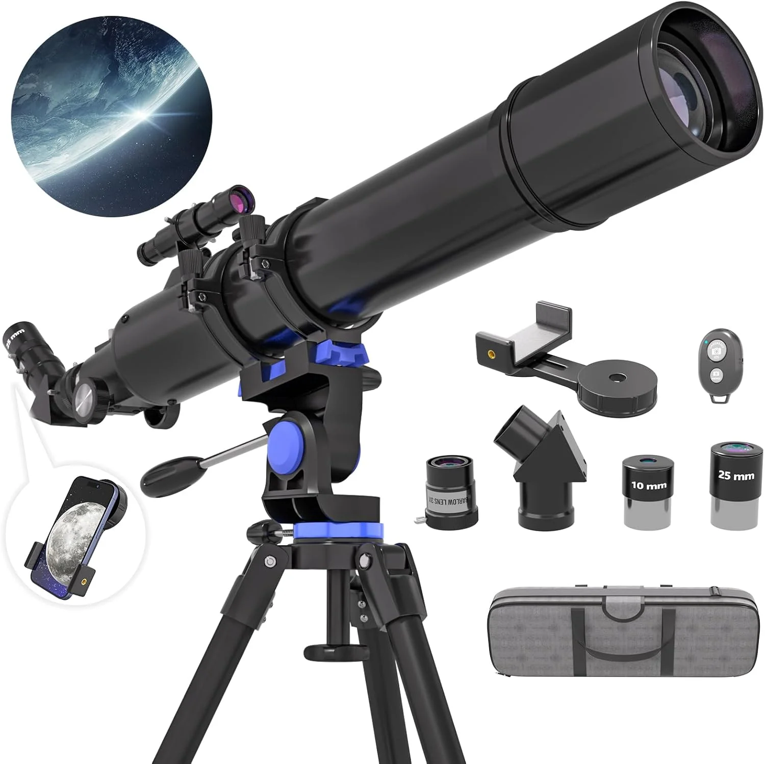 تلسکوپ، تلسکوپ با قدرت بالا برای بزرگسالان، دهانه 90 میلی‌متری، پایه AZ 800 میلی‌متری، تلسکوپ‌های شکستنی نجومی حرفه‌ای برای کودکان و مبتدیان به همراه آداپتور تلفن، کیف حمل مسافرتی قابل حمل
