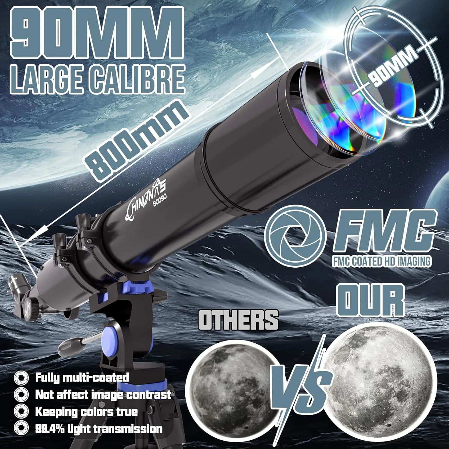 تلسکوپ، تلسکوپ با قدرت بالا برای بزرگسالان، دهانه 90 میلی‌متری، پایه AZ 800 میلی‌متری، تلسکوپ‌های شکستنی نجومی حرفه‌ای برای کودکان و مبتدیان به همراه آداپتور تلفن، کیف حمل مسافرتی قابل حمل