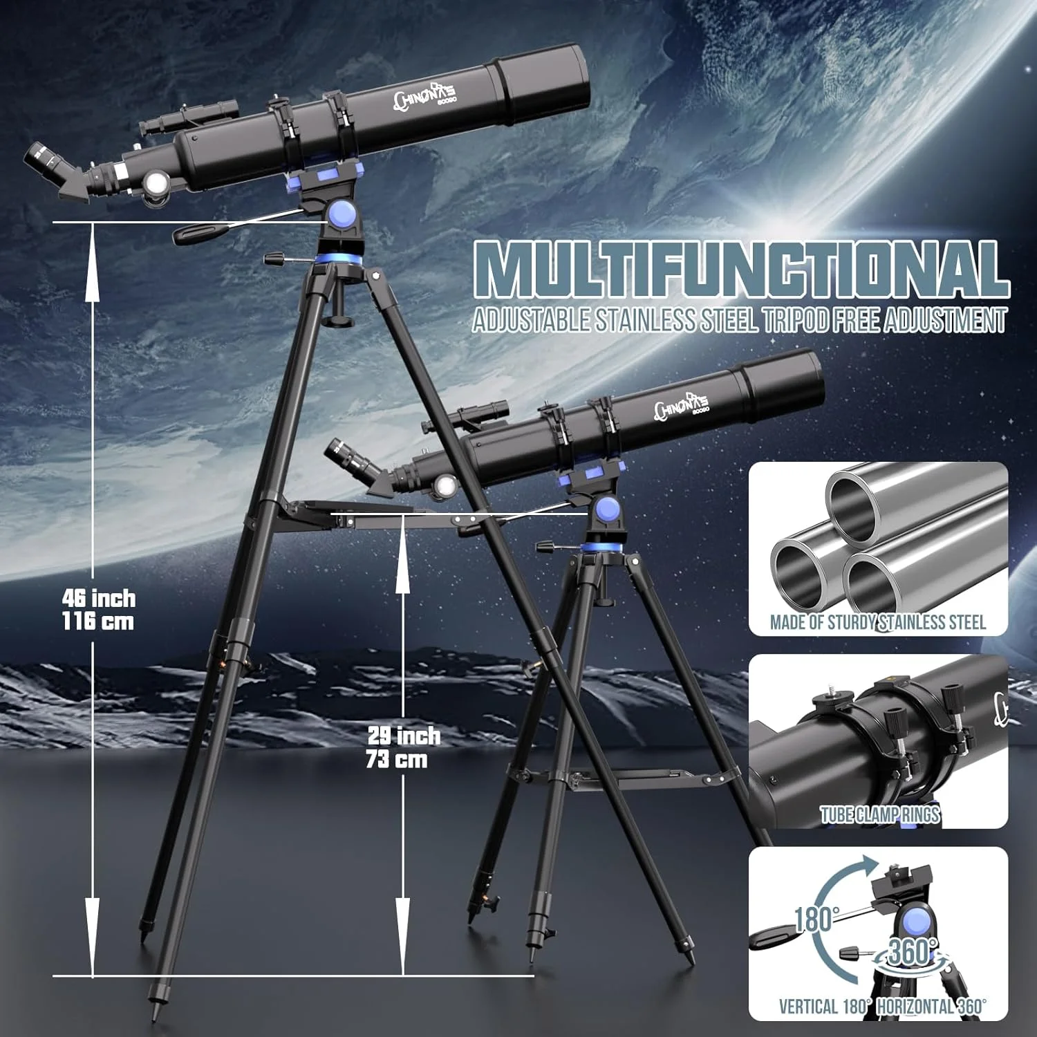تلسکوپ، تلسکوپ با قدرت بالا برای بزرگسالان، دهانه 90 میلی‌متری، پایه AZ 800 میلی‌متری، تلسکوپ‌های شکستنی نجومی حرفه‌ای برای کودکان و مبتدیان به همراه آداپتور تلفن، کیف حمل مسافرتی قابل حمل
