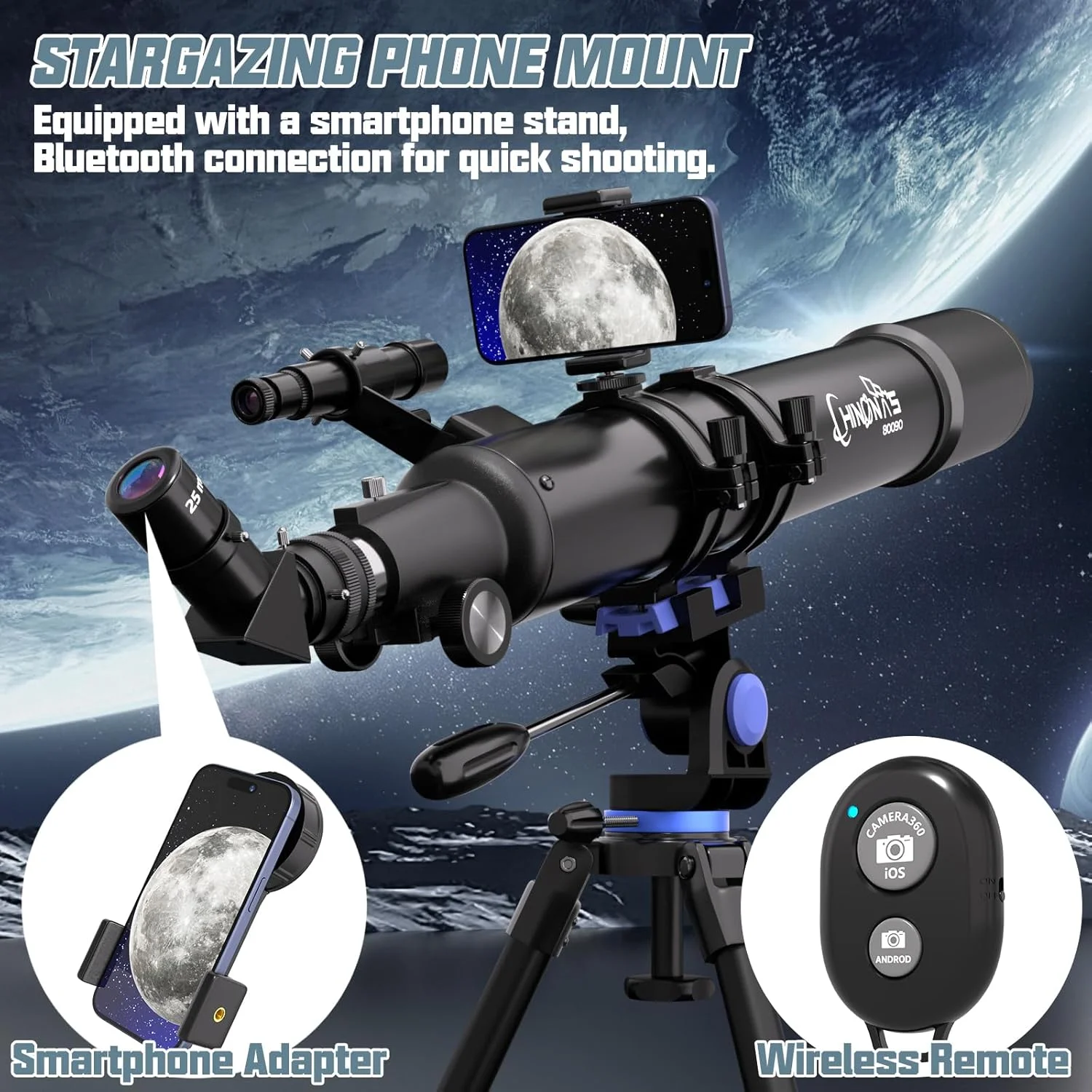 تلسکوپ، تلسکوپ با قدرت بالا برای بزرگسالان، دهانه 90 میلی‌متری، پایه AZ 800 میلی‌متری، تلسکوپ‌های شکستنی نجومی حرفه‌ای برای کودکان و مبتدیان به همراه آداپتور تلفن، کیف حمل مسافرتی قابل حمل