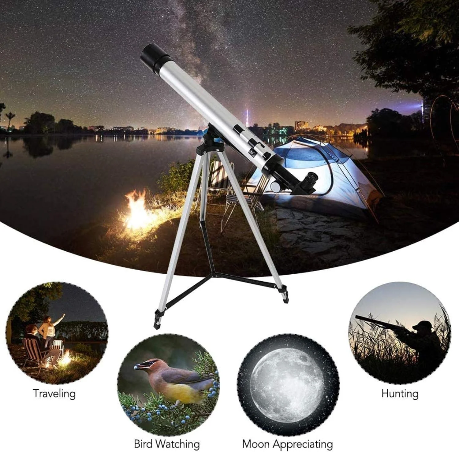 تلسکوپ نجومی، تلسکوپ با زوم 100X، تلسکوپ نجومی فضایی انکساری 600x50 میلی‌متری، تک‌چشمی مسافرتی بیرونی با سه‌پایه