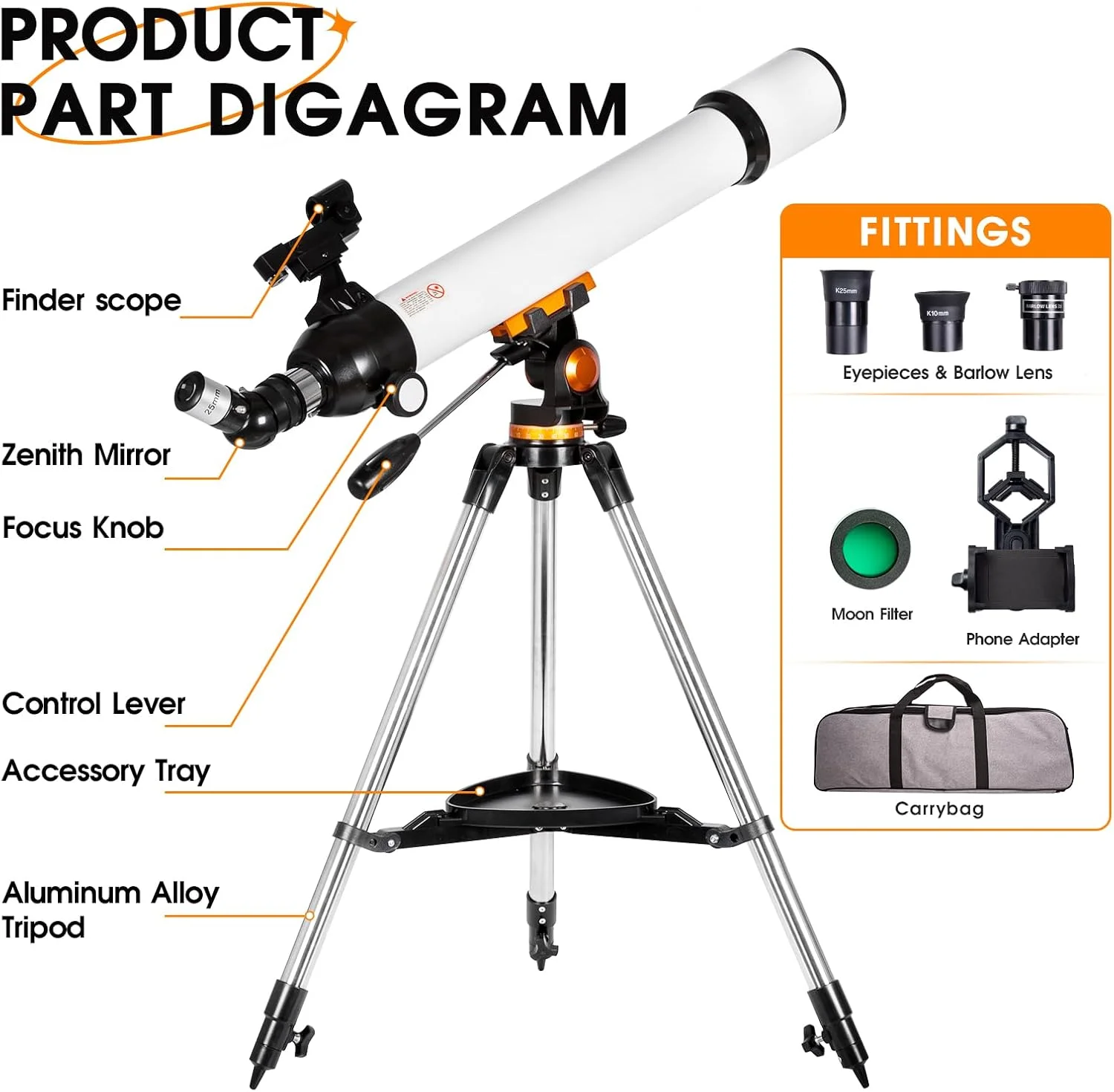 تلسکوپ 70 میلی‌متری با دهانه 700 میلی‌متری، تلسکوپ شکستنی قابل حمل برای بزرگسالان و مبتدیان، مناسب برای مشاهده ماه، سیارات و ستاره‌نگاری، به همراه سه‌پایه، آداپتور تلفن و کیف حمل