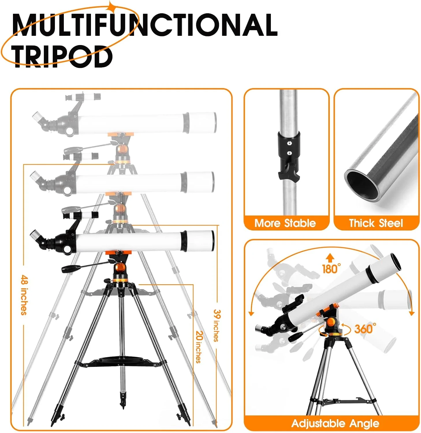 تلسکوپ 70 میلی‌متری با دهانه 700 میلی‌متری، تلسکوپ شکستنی قابل حمل برای بزرگسالان و مبتدیان، مناسب برای مشاهده ماه، سیارات و ستاره‌نگاری، به همراه سه‌پایه، آداپتور تلفن و کیف حمل