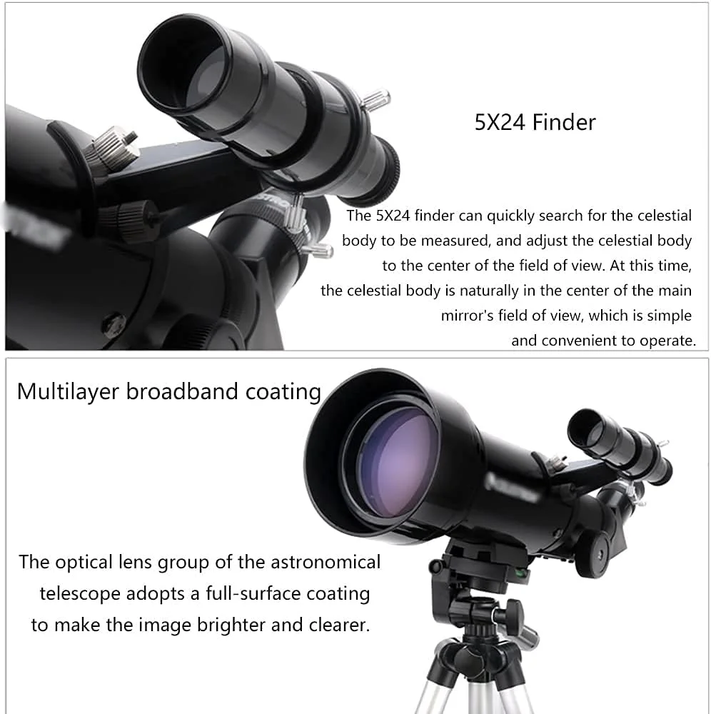 تلسکوپ LSLYTQ با دهانه 70 میلی‌متری و فاصله کانونی 400 میلی‌متری، شامل دو چشمی، سه‌پایه، یابنده و آداپتور تلفن همراه
