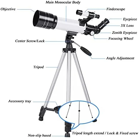 تلسکوپ LSLYTQ، دهانه 70 میلی‌متری، فاصله کانونی 400 میلی‌متری، تلسکوپ شکست نور نجومی برای مبتدیان، تلسکوپ مسافرتی با کیف حمل و سه پایه