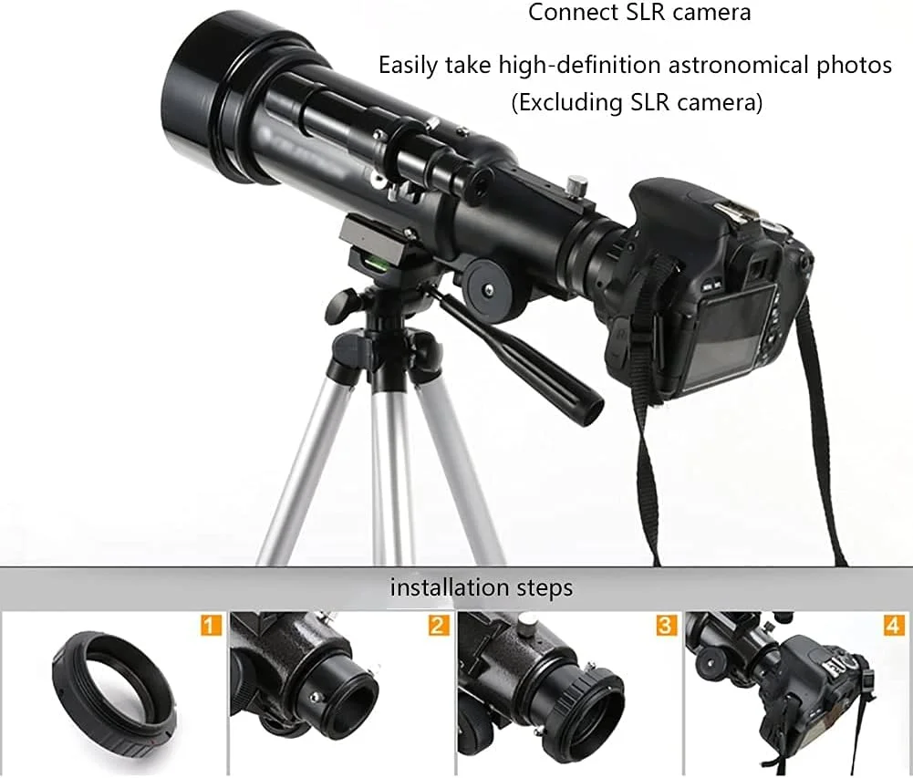 تلسکوپ LSLYTQ با دهانه 70 میلی‌متری و فاصله کانونی 400 میلی‌متری، شامل دو چشمی، سه‌پایه، یابنده و آداپتور تلفن همراه