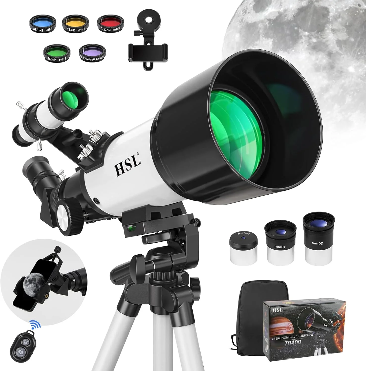 تلسکوپ HSL70400 برای کودکان 8-12 سال، تلسکوپ قدرتمند برای بزرگسالان، دهانه 70 میلی‌متری، فاصله کانونی 400 میلی‌متری، تلسکوپ‌های نجومی انکساری برای کودکان 5-7 سال، 6 ساله، سفید