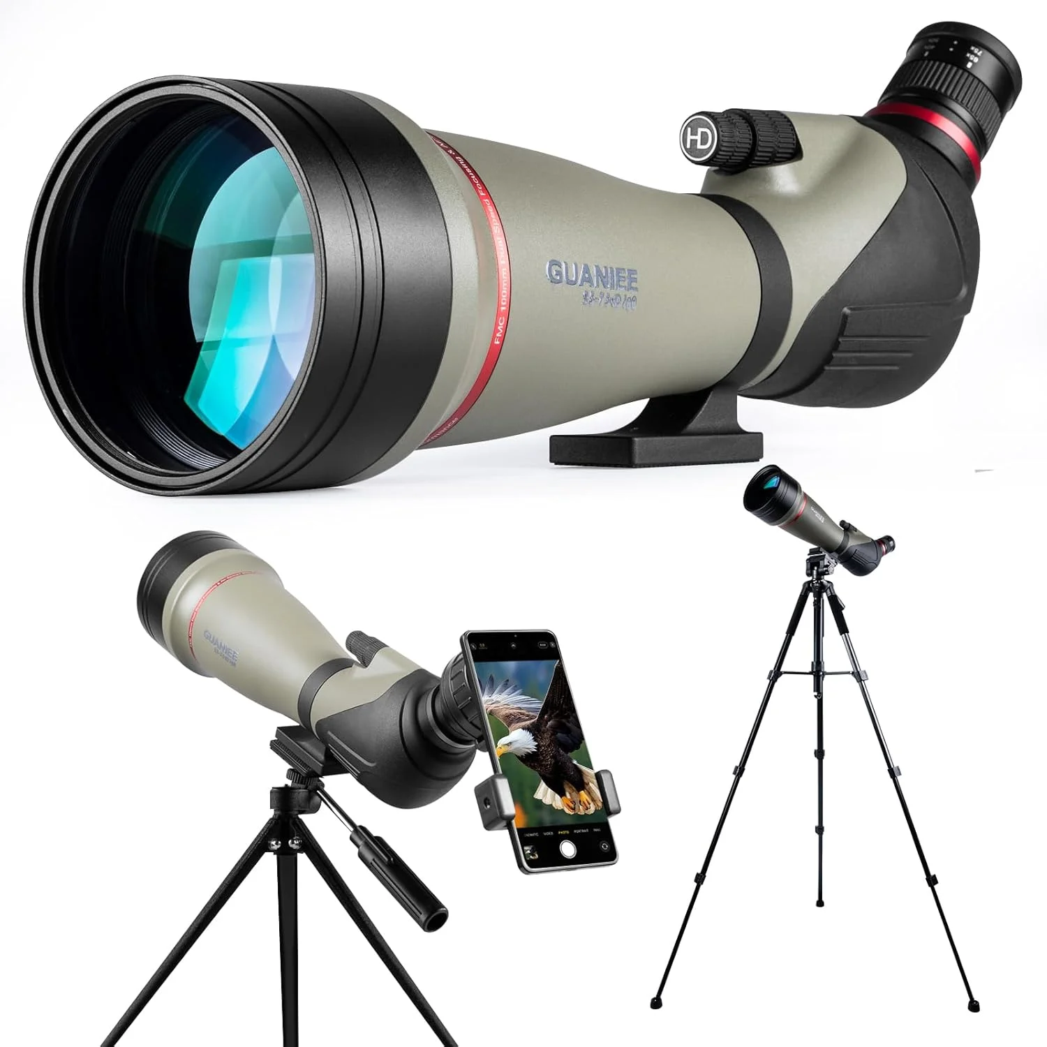 تلسکوپ دیدبانی 25-75x100 با دو پایه تلسکوپ 9 اینچی و 45 اینچی، آداپتور تلفن همراه، کیف حمل، مناسب برای هدف زنی، تماشای پرندگان و حیات وحش