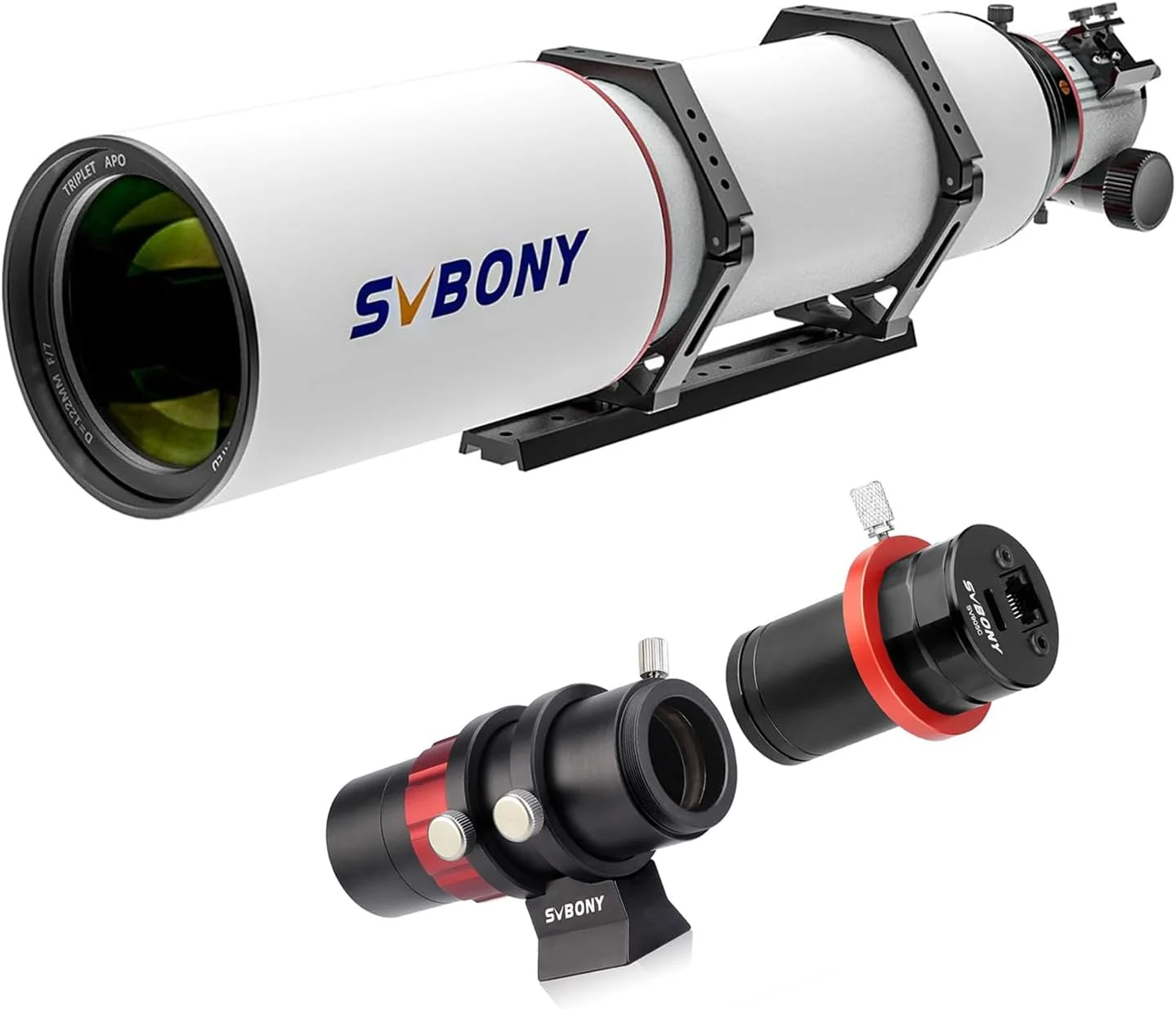 تلسکوپ شکستی آپوکروماتیک سه تایی SVBONY SV550 APO 122mm F7، همراه با مینی تلسکوپ راهنما SV165 و دوربین تلسکوپ SV905C