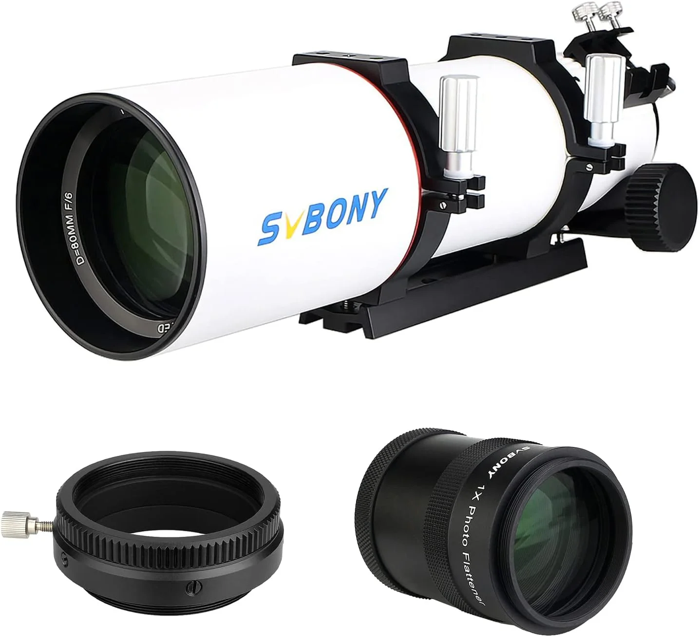تلسکوپ SVBONY SV550، تلسکوپ شکستی سه تایی آپوکروماتیک 80 میلی‌متری OTA، همراه با فلتنر میدان SV209، اصلاح‌کننده 1.0X، تنظیم‌کننده زاویه دوربین SV210، چرخاننده 360 درجه M63، برای عکاسی نجومی از اعماق آسمان