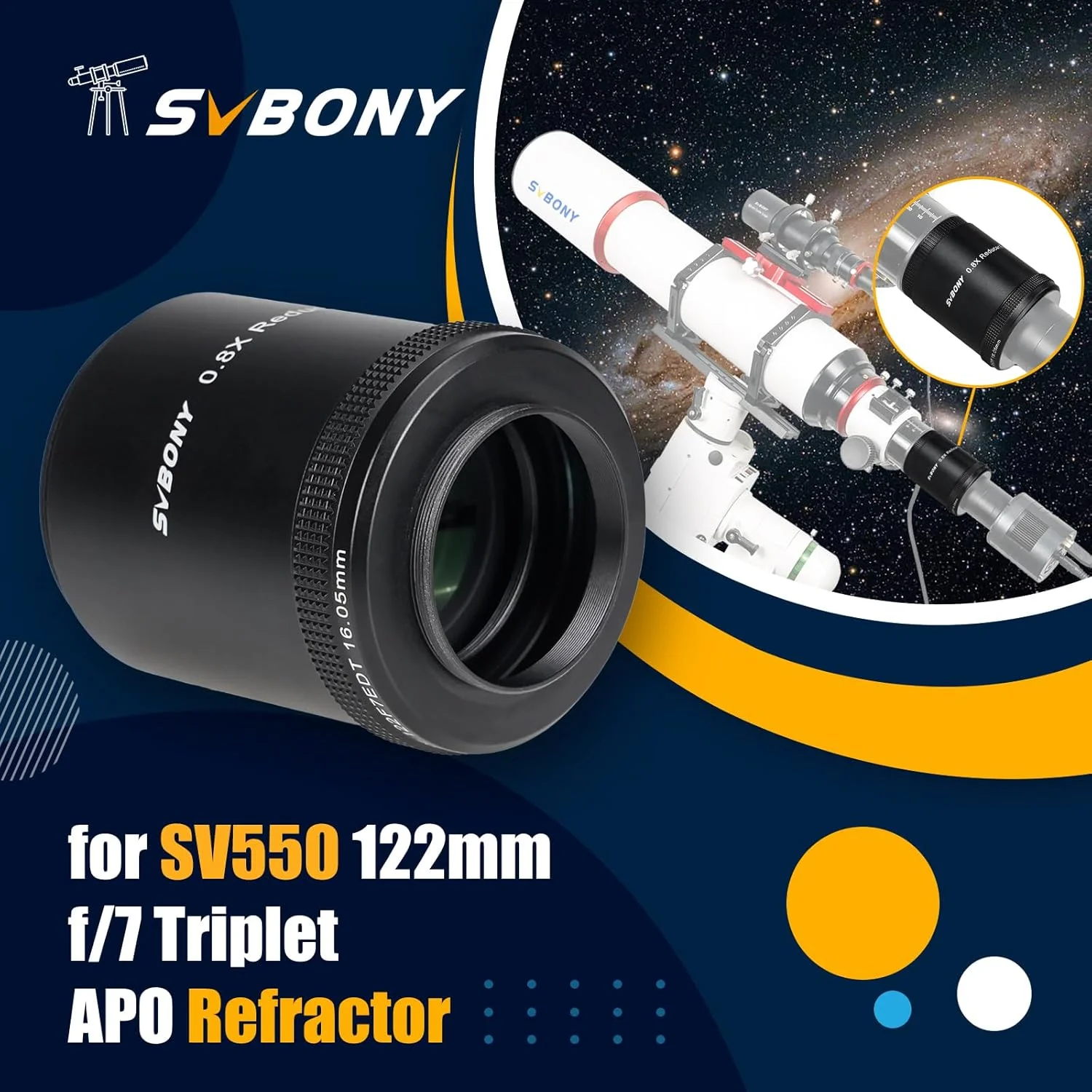 تلسکوپ آپوکروماتیک SVBONY SV550 به همراه فلتنر میدان SV209، شکست دهنده سه تایی آپوکروماتیک 122 میلی متری F7 و کاهنده کانونی 0.8X، انحنای میدان را اصلاح می کند و میدان دید وسیع تری برای عکاسی نجومی فراهم می کند. تلسکوپ آپوکروماتیک SVBONY SV550 به همراه فلتنر میدان SV209، شکست دهنده سه تایی آپوکروماتیک 122 میلی متری F7 و کاهنده کانونی 0.8X، انحنای میدان را اصلاح می کند و میدان دید وسیع تری برای عکاسی نجومی فراهم می کند.