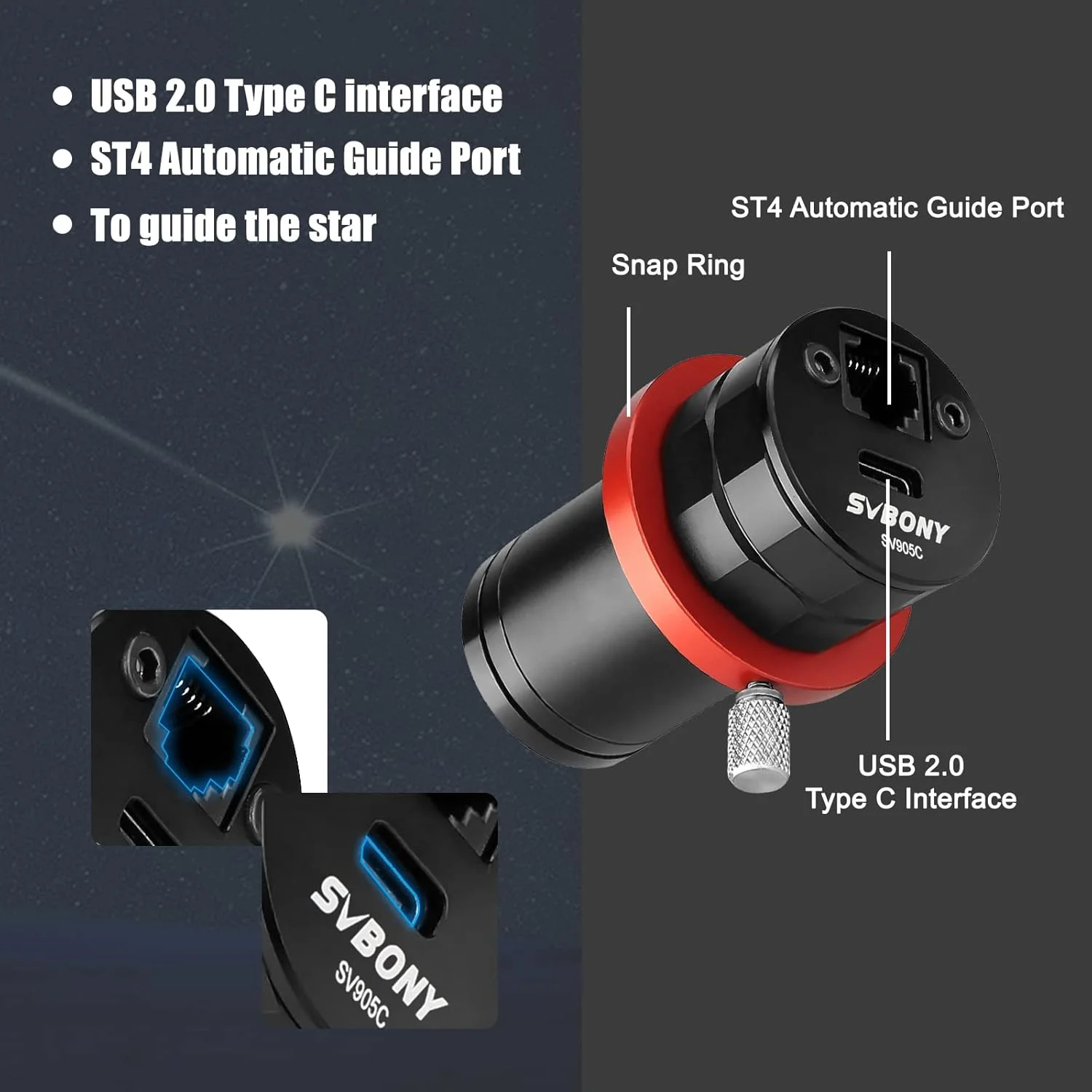 دوربین تلسکوپ SVBONY SV905C، رابط USB 2.0 Type-C با کیفیت 1.23 مگاپیکسل، دوربین راهنمای نجومی استاندارد 1.25 اینچی، همراه با مینی اسکوپ راهنمای SV165، یابنده 30 میلی متری F4، برای عکاسی نجومی