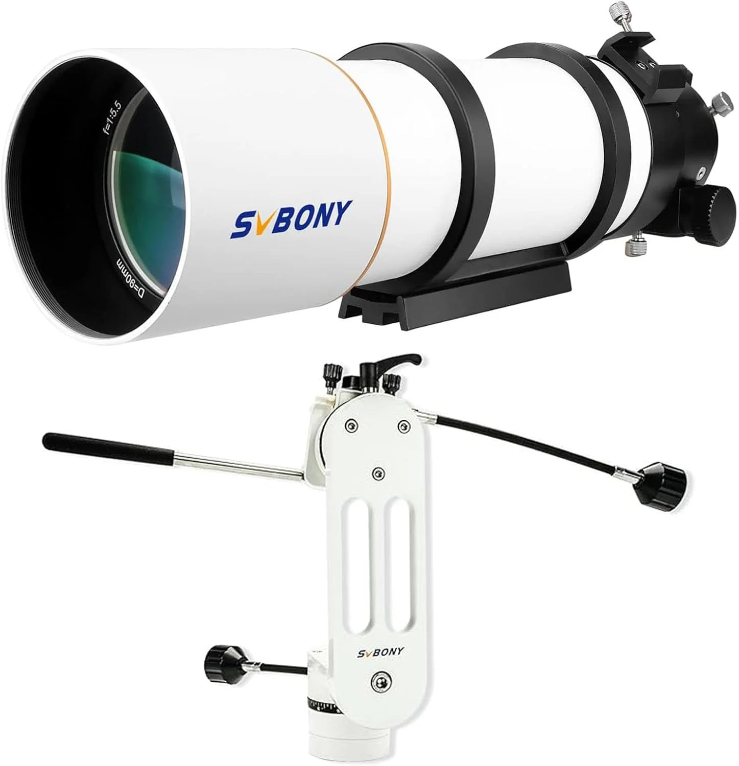 تلسکوپ SVBONY SV48P، دهانه 90 میلی‌متری، شکست نور F5.5 OTA برای بزرگسالان و مبتدیان، همراه با پایه سمت-ارتفاعی SV225، پایه سمت-ارتفاعی با زاویه قابل تنظیم برای عکاسی نجومی از اعماق آسمان و نجوم بصری