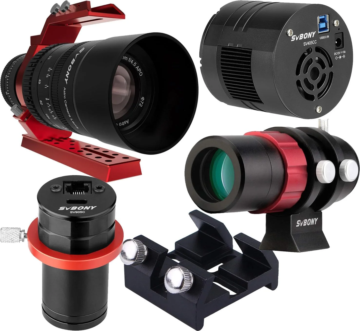 تلسکوپ شکستی آپو SVBONY SV555 54mm به همراه دوربین خنک کننده SV405CC، مینی تلسکوپ راهنما SV165، دوربین تلسکوپ SV905C و پایه یونیورسال دم چلچله ای برای عکاسی نجومی میدان باز