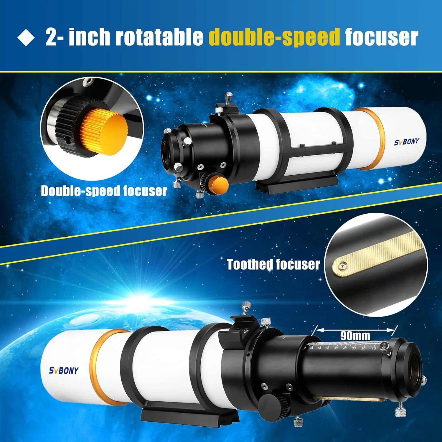 تلسکوپ SVBONY SV48P، دهانه 90 میلی‌متری، شکست نور F5.5 OTA برای بزرگسالان و مبتدیان، همراه با پایه سمت-ارتفاعی SV225، پایه سمت-ارتفاعی با زاویه قابل تنظیم برای عکاسی نجومی از اعماق آسمان و نجوم بصری