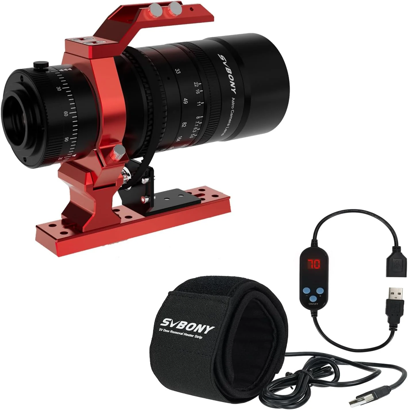 گرمکن لنز SVBONY SV172، نوار گرمکن شبنم 430 میلی‌متری به همراه تلسکوپ APO مدل SV555، تلسکوپ نجومی 54 میلی‌متری، ساختار عدسی پتزوال، دیافراگم متغیر F4.5 تا F22 برای عکاسی از اعماق آسمان