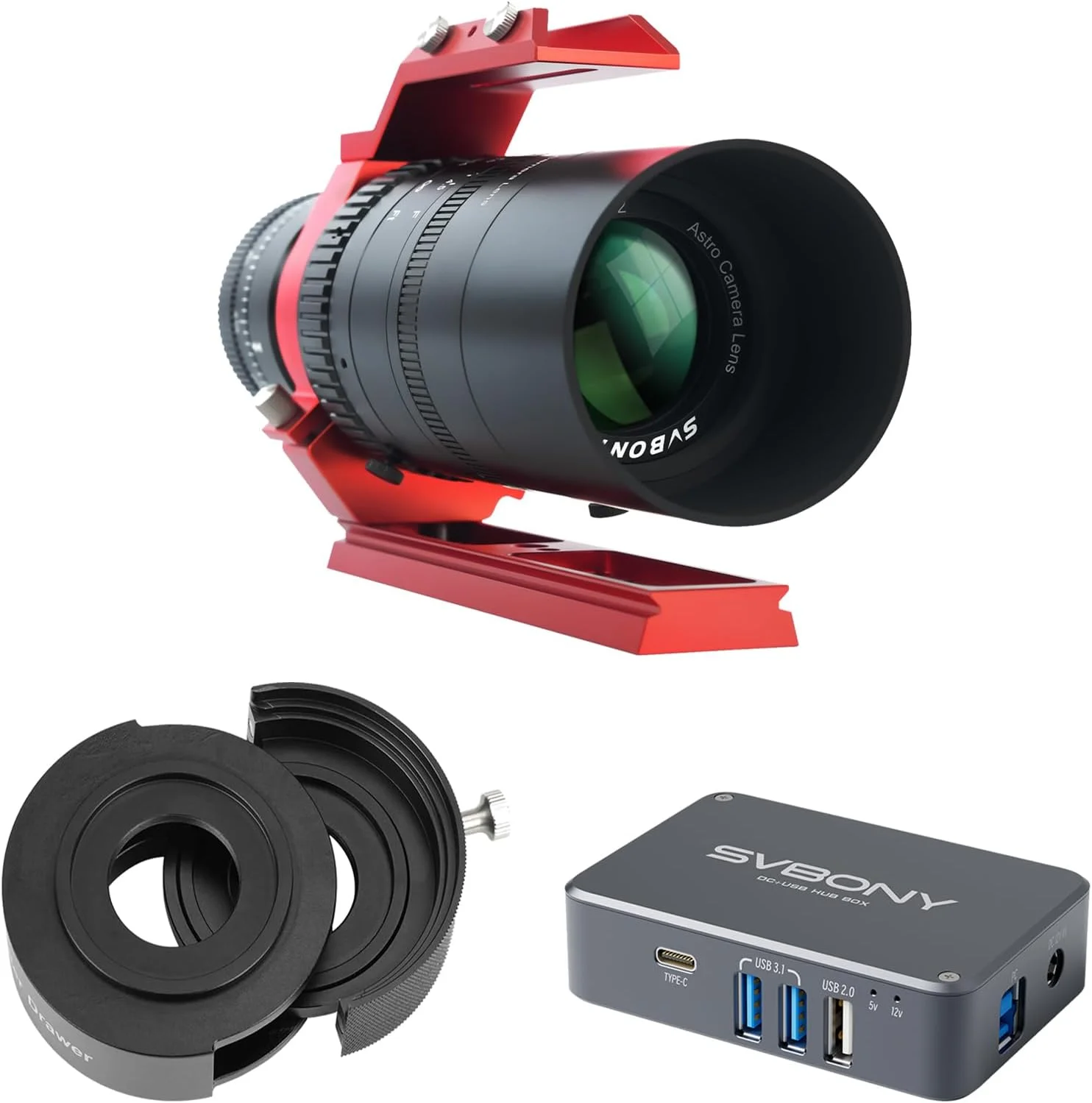 مجموعه کشویی فیلتر تلسکوپ SVBONY SV226 M48، آداپتور برق تلسکوپ نجومی SV241، هاب باکس USB میکرو DC با تلسکوپ استروفتوگرافی SV555 APO 54mm برای عکاسی از اعماق آسمان