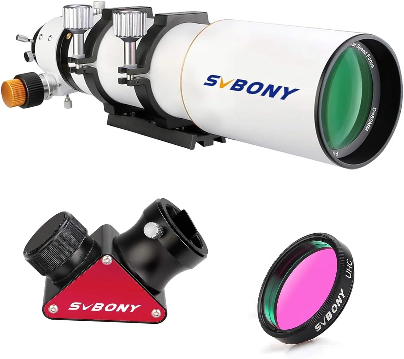 تلسکوپ SVBONY SV503 80ED به همراه آینه قطری دی الکتریک SV188P و فیلتر UHC 1.25 اینچی