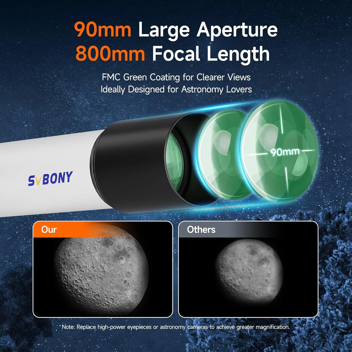 تلسکوپ SVBONY SV520 برای بزرگسالان، قدرت بالا، دهانه 90 میلی‌متری، فاصله کانونی 800 میلی‌متری، شکست با پایه AZ، کیت تلسکوپ برای مبتدیان با چشمی K25، لنز بارلو، پایه تلفن