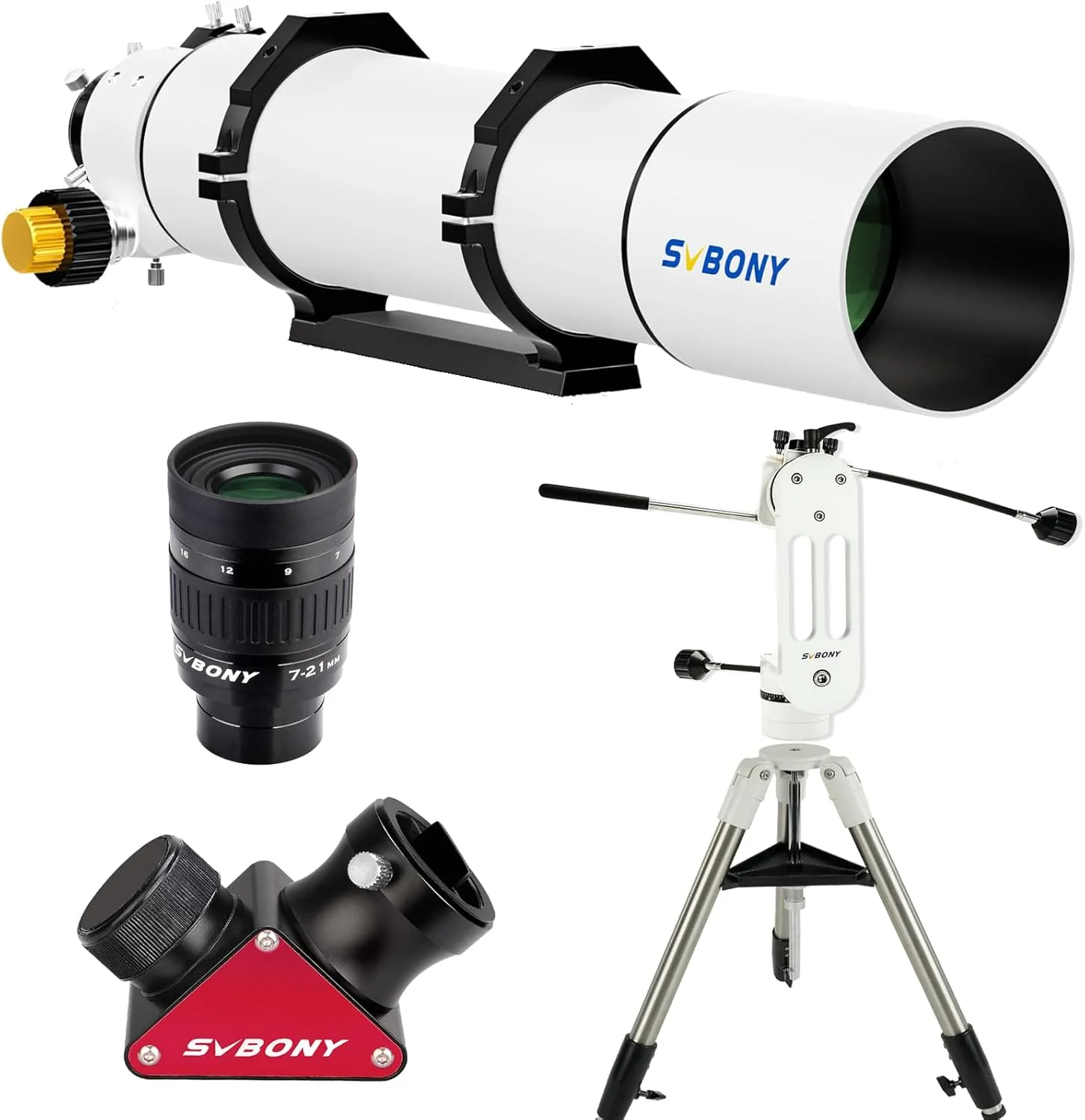 کیت رصد نجومی مبتدی SVBONY، تلسکوپ SV48P برای بزرگسالان، OTA با دیافراگم بزرگ 102 میلی‌متری با پایه سمت-ارتفاعی SV225، سه‌پایه SV225T، آینه قطری ستاره‌ای دی‌الکتریک SV188P، چشمی زوم SV135