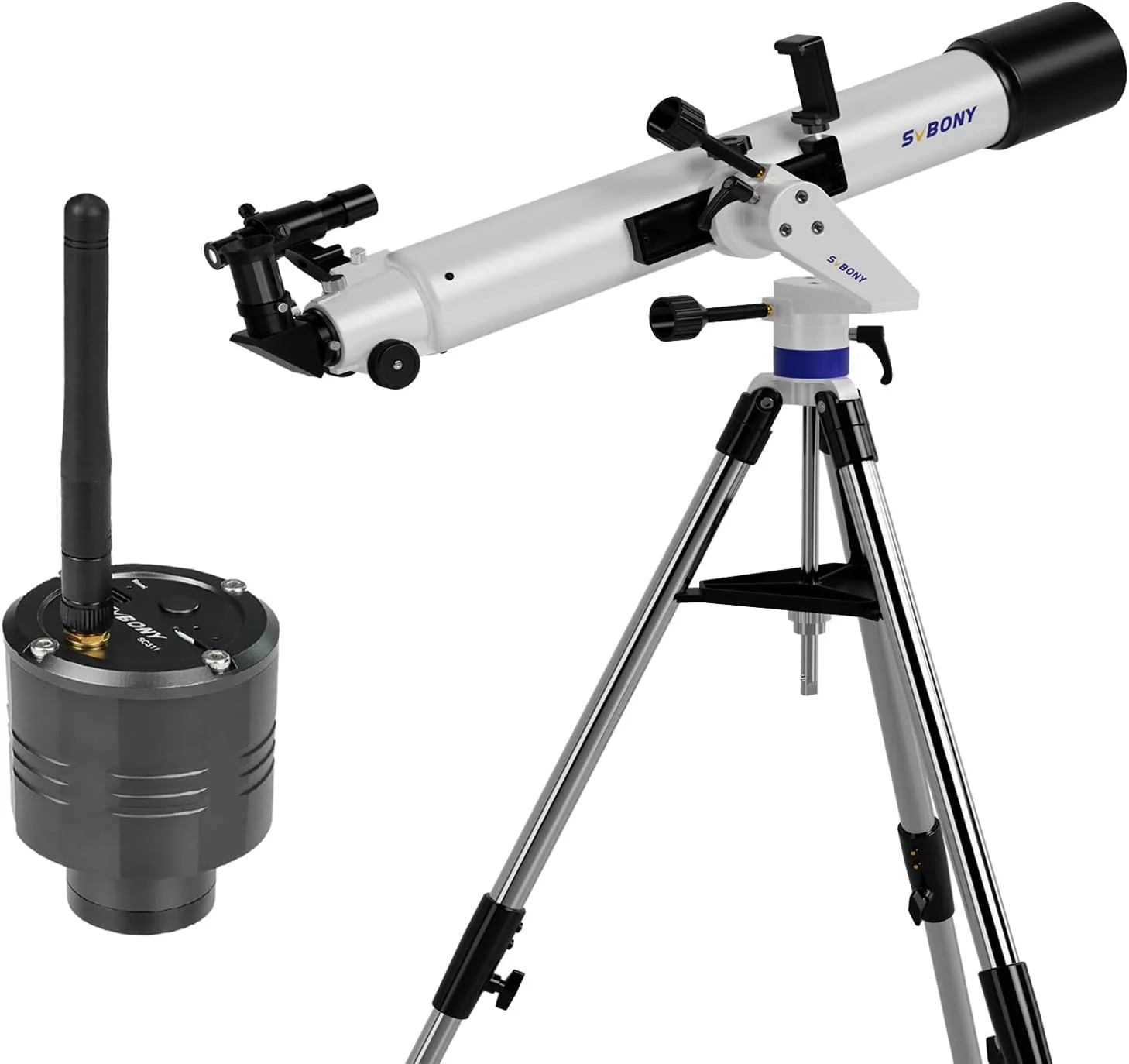 مجموعه چشمی دوربین وای فای SVBONY SC311 با تلسکوپ SV520 برای بزرگسالان، قدرت بالا، دیافراگم 90 میلی‌متری، فاصله کانونی 800 میلی‌متری، شکست نور با پایه AZ، چشمی K25 میلی‌متری، کیت تلسکوپ برای مبتدیان