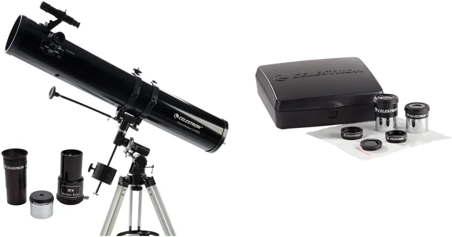 تلسکوپ سلسترون PowerSeeker 114EQ و کیت لوازم جانبی تلسکوپ PowerSeeker - شامل 2 چشمی کِلنر 1.25 اینچی، 3 فیلتر رنگی تلسکوپ و پارچه تمیز کننده