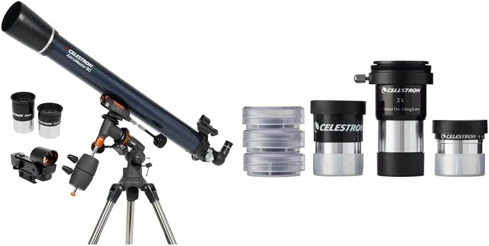 تلسکوپ شکستنی 90EQ AstroMaster سلسترون - تلسکوپ شکستنی برای مبتدیان - سه پایه با ارتفاع قابل تنظیم - بسته نرم افزاری نجومی اشانتیون و کیت لوازم جانبی تلسکوپ AstroMaster