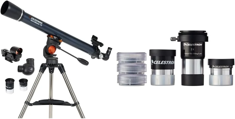 تلسکوپ شکستنی سلسترون AstroMaster 70AZ - اپتیک شیشه ای با پوشش کامل - سه پایه با ارتفاع قابل تنظیم - بسته نرم افزاری نجومی اشانتیون و کیت لوازم جانبی تلسکوپ AstroMaster