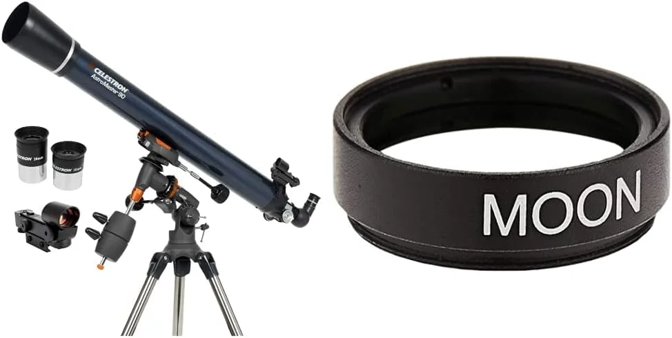 تلسکوپ شکستنی AstroMaster 90EQ سلسترون - تلسکوپ شکستنی برای مبتدیان - اپتیک شیشه ای با پوشش کامل - سه پایه با ارتفاع قابل تنظیم - بسته نرم افزاری نجومی اشانتیون و فیلتر ماه 1.25 اینچی