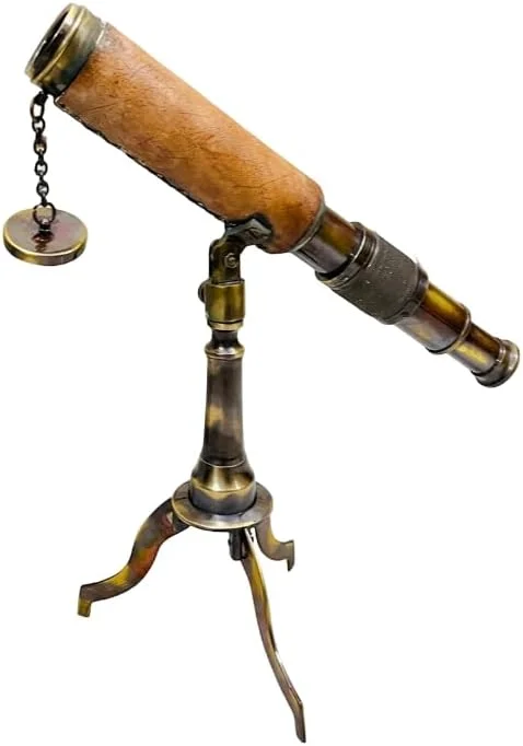 تلسکوپ برنجی قدیمی با لوله روکش چرمی، پایه سه پایه قابل تنظیم، طول 10 اینچ، پرداخت عتیقه