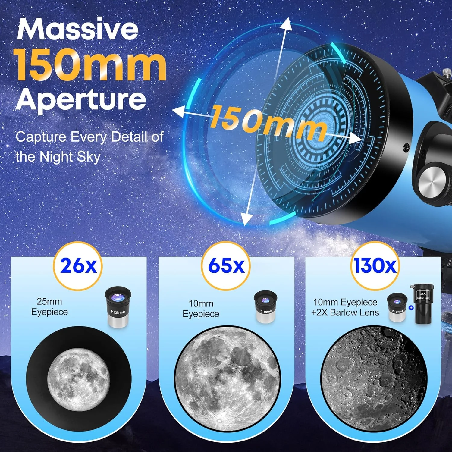 تلسکوپ 150EQ با قدرت بالا برای بزرگسالان، تلسکوپ نیوتنی بازتابی حرفه ای برای مبتدیان در نجوم، به همراه کیف حمل، سه پایه استیل، فیلتر ماه و آداپتور تلفن، آبی