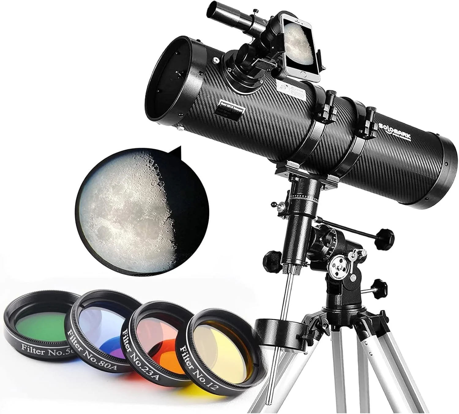 تلسکوپ نیوتونی بازتابی نجومی حرفه ای Polaris 130EQ به همراه آداپتور تلفن همراه با لنز بارلو 1.5X و فیلتر ماه 1.25 اینچی با 13% انتقال نور و مجموعه فیلتر رنگی 4 عددی