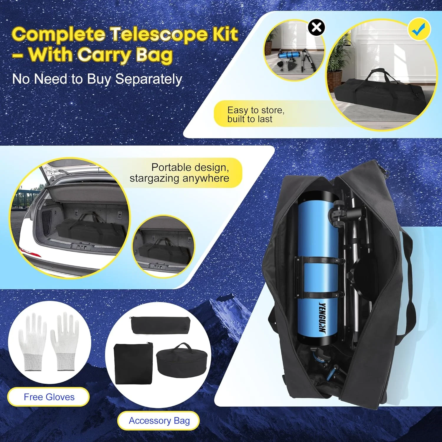 تلسکوپ 150EQ با قدرت بالا برای بزرگسالان، تلسکوپ نیوتنی بازتابی حرفه ای برای مبتدیان در نجوم، به همراه کیف حمل، سه پایه استیل، فیلتر ماه و آداپتور تلفن، آبی