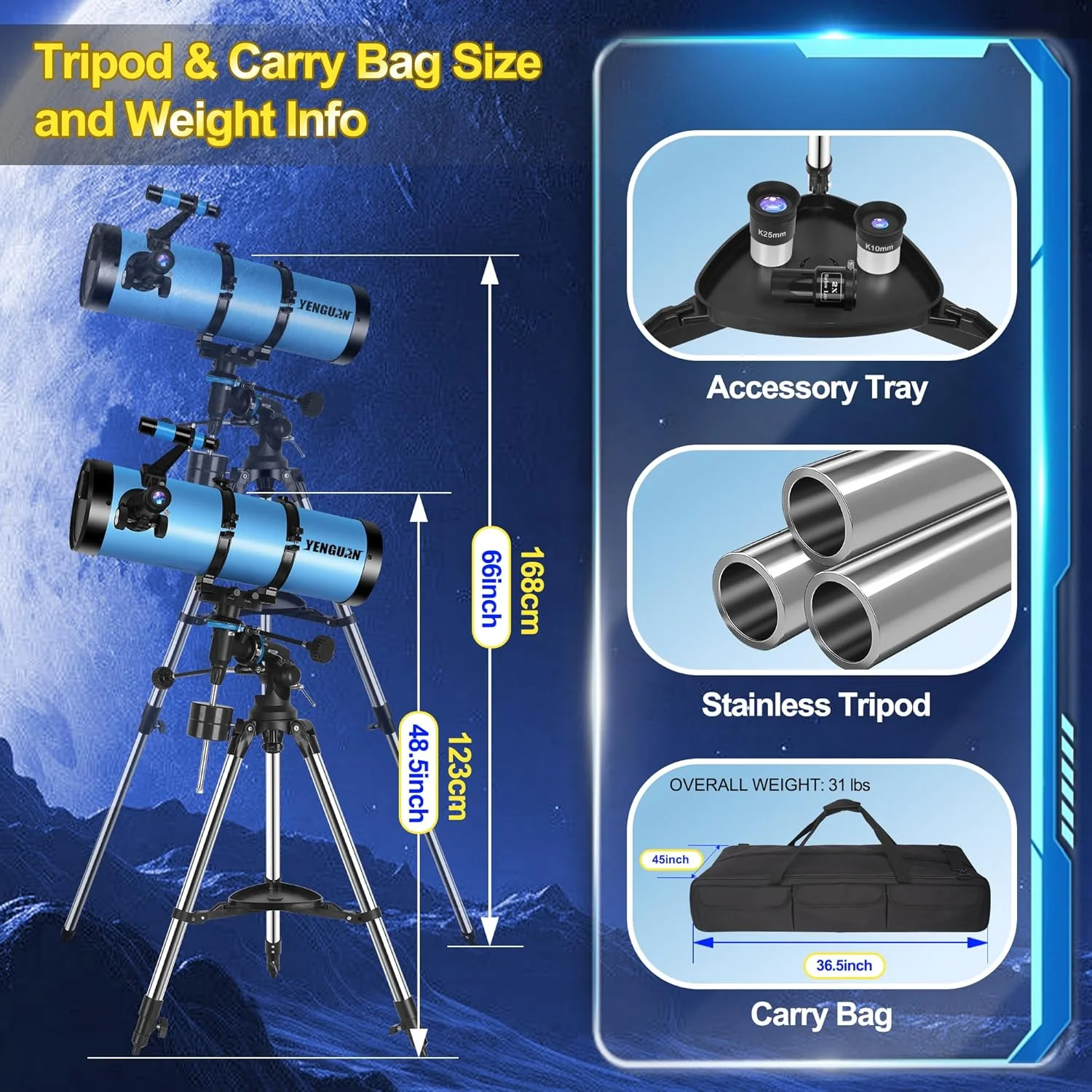 تلسکوپ 150EQ با قدرت بالا برای بزرگسالان، تلسکوپ نیوتنی بازتابی حرفه ای برای مبتدیان در نجوم، به همراه کیف حمل، سه پایه استیل، فیلتر ماه و آداپتور تلفن، آبی