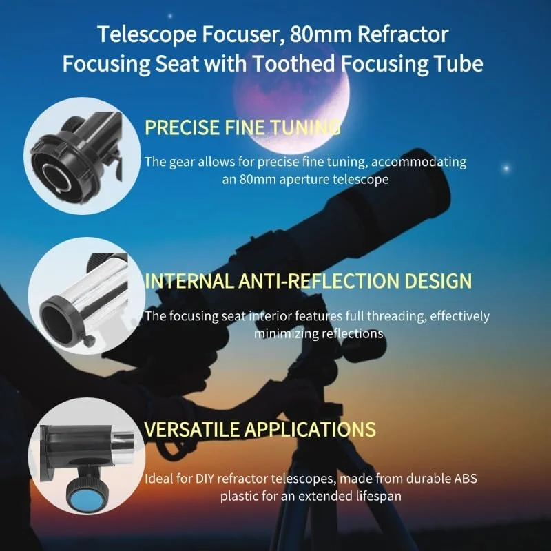 فوکوس کننده تلسکوپ، صندلی فوکوس شکست نور 80 میلیمتری با لوله فوکوس دندانهدار، رابط چشمی 1.25 اینچی، فوکوس کننده تلسکوپ نجومی بازتابی، برای فوکوس روان روی تلسکوپهای بازتابی فوکوس کننده تلسکوپ، صندلی فوکوس شکست نور 80 میلیمتری با لوله فوکوس دندانهدار، رابط چشمی 1.25 اینچی، فوکوس کننده تلسکوپ نجومی بازتابی، برای فوکوس روان روی تلسکوپهای بازتابی