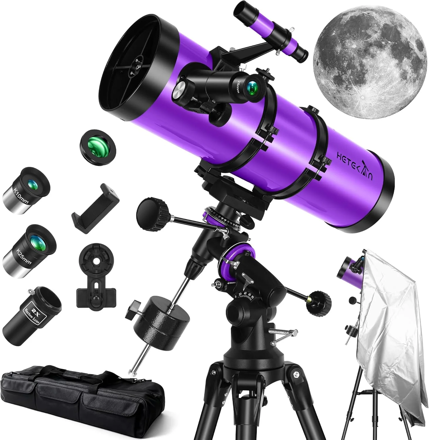 تلسکوپ نیوتونی بازتابی 150EQ برای بزرگسالان و مبتدیان، تلسکوپ های حرفه ای نجومی پرقدرت برای بزرگسالان با پایه استوایی، نگهدارنده تلفن، پوشش ضد گرد و غبار و کیف حمل