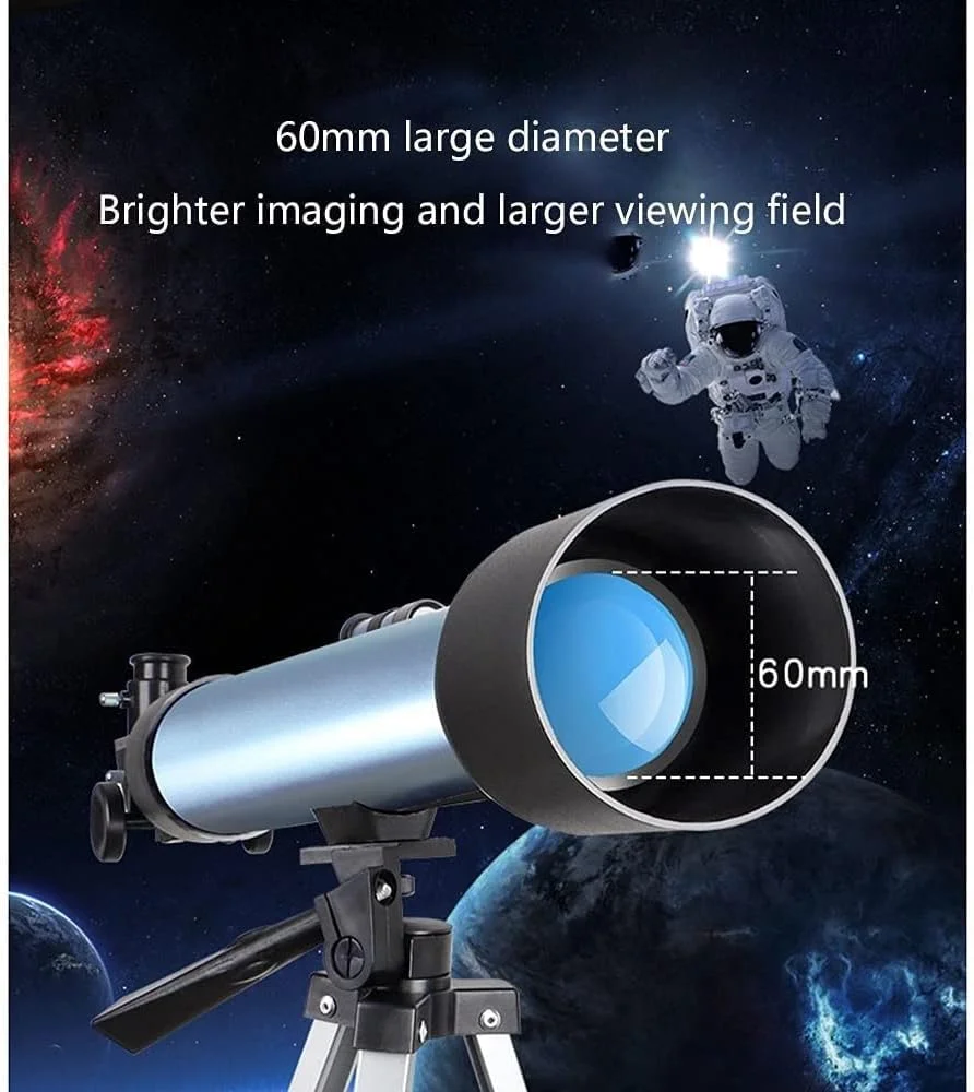 تلسکوپ بازتابی برای مبتدیان، دهانه 60 میلی‌متری، تلسکوپ 700 میلی‌متری با سه‌پایه قابل تنظیم و آداپتور تلفن، مناسب برای فضای باز