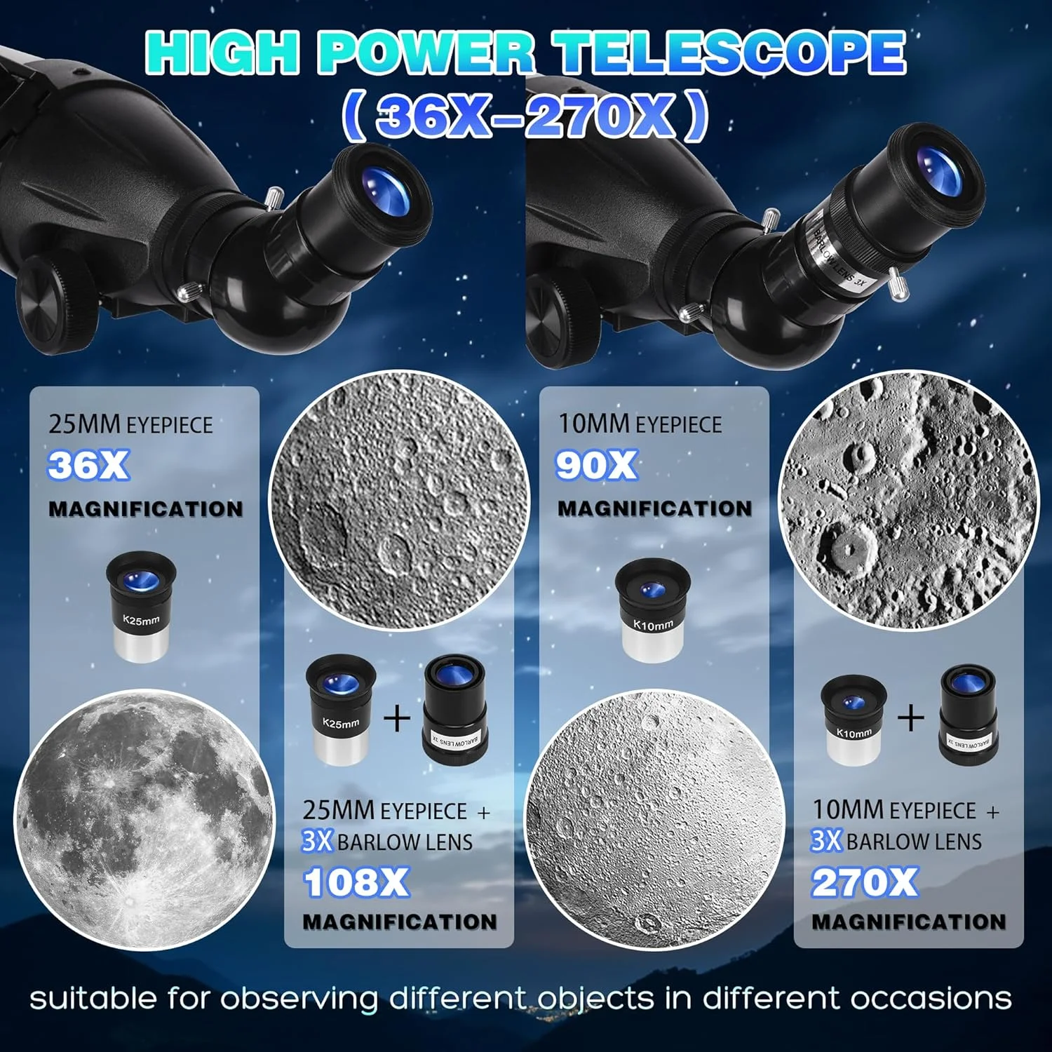 تلسکوپ حرفه ای با قدرت بالا برای بزرگسالان، دهانه 90 میلی‌متری، تلسکوپ شکستنی نجومی 900 میلی‌متری برای مبتدیان، پوشش چند لایه کامل با قابلیت انتقال نور بالا برای رصد زمینی و ماه (خاکستری نقره‌ای)