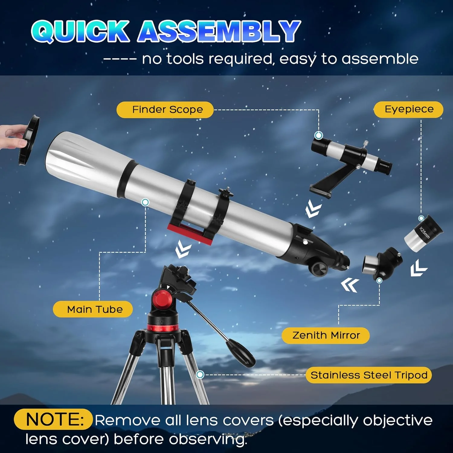 تلسکوپ حرفه ای با قدرت بالا برای بزرگسالان، دهانه 90 میلی‌متری، تلسکوپ شکستنی نجومی 900 میلی‌متری برای مبتدیان، پوشش چند لایه کامل با قابلیت انتقال نور بالا برای رصد زمینی و ماه (خاکستری نقره‌ای)