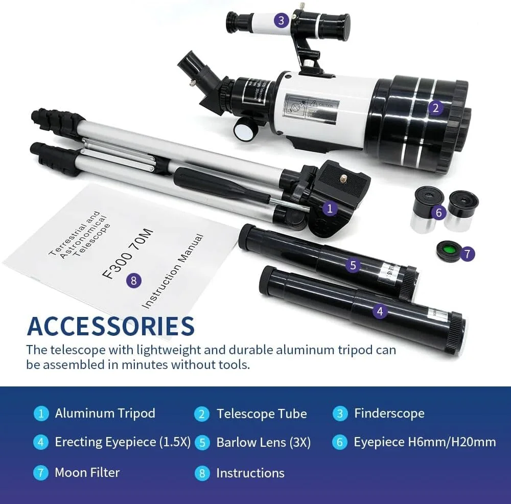 تلسکوپ نجومی قابل حمل 70 میلی‌متری با سه‌پایه و گیره بلوتوث سفید
