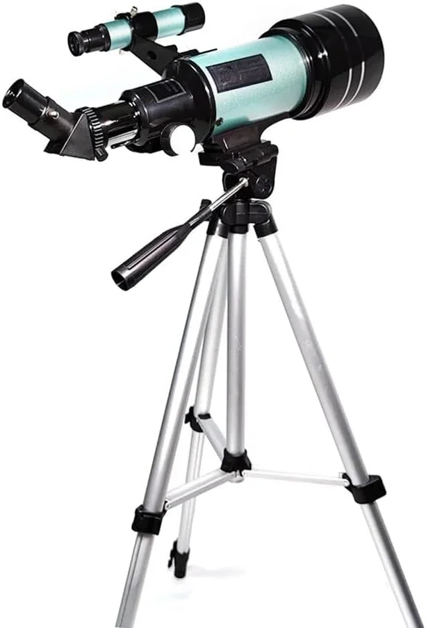 تلسکوپ نجومی قابل حمل 70 میلی‌متری با سه‌پایه و گیره بلوتوثی، آبی فیروزه‌ای