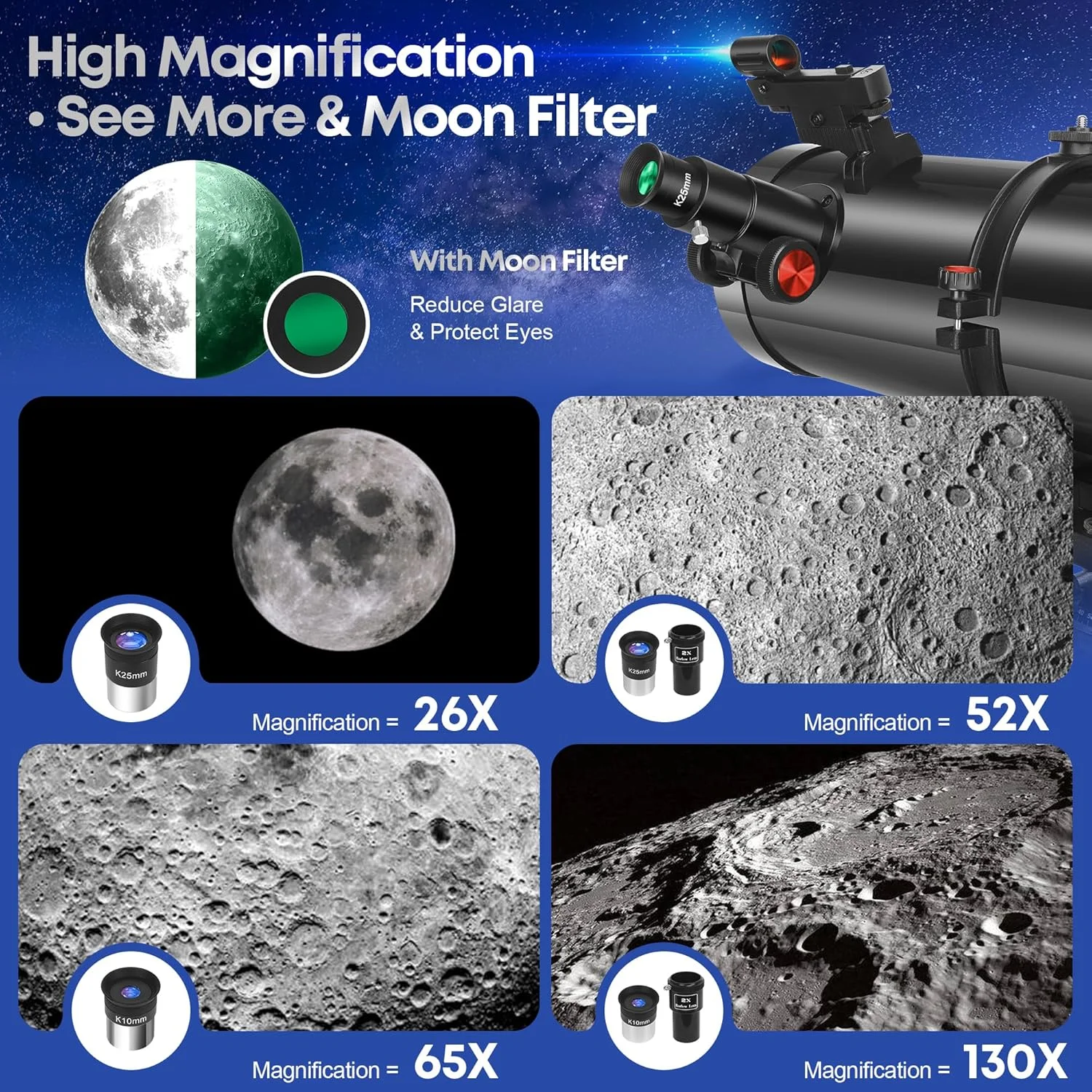 تلسکوپ نیوتنی بازتابی 150EQ برای بزرگسالان و مبتدیان نجوم، تلسکوپ های نجومی حرفه ای با پایه استوایی، آداپتور تلفن، سه پایه، فیلتر ماه و کیف حمل بزرگ