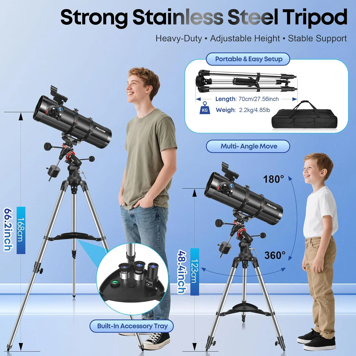 تلسکوپ نیوتنی بازتابی 150EQ برای بزرگسالان و مبتدیان نجوم، تلسکوپ های نجومی حرفه ای با پایه استوایی، آداپتور تلفن، سه پایه، فیلتر ماه و کیف حمل بزرگ