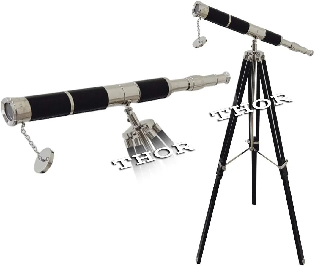 تلسکوپ برنجی کلکسیونی دریایی با روکش چرمی مشکی، تک لول و پایه سه پایه معتبر، دکوری وینتج و روستیک برای منزل