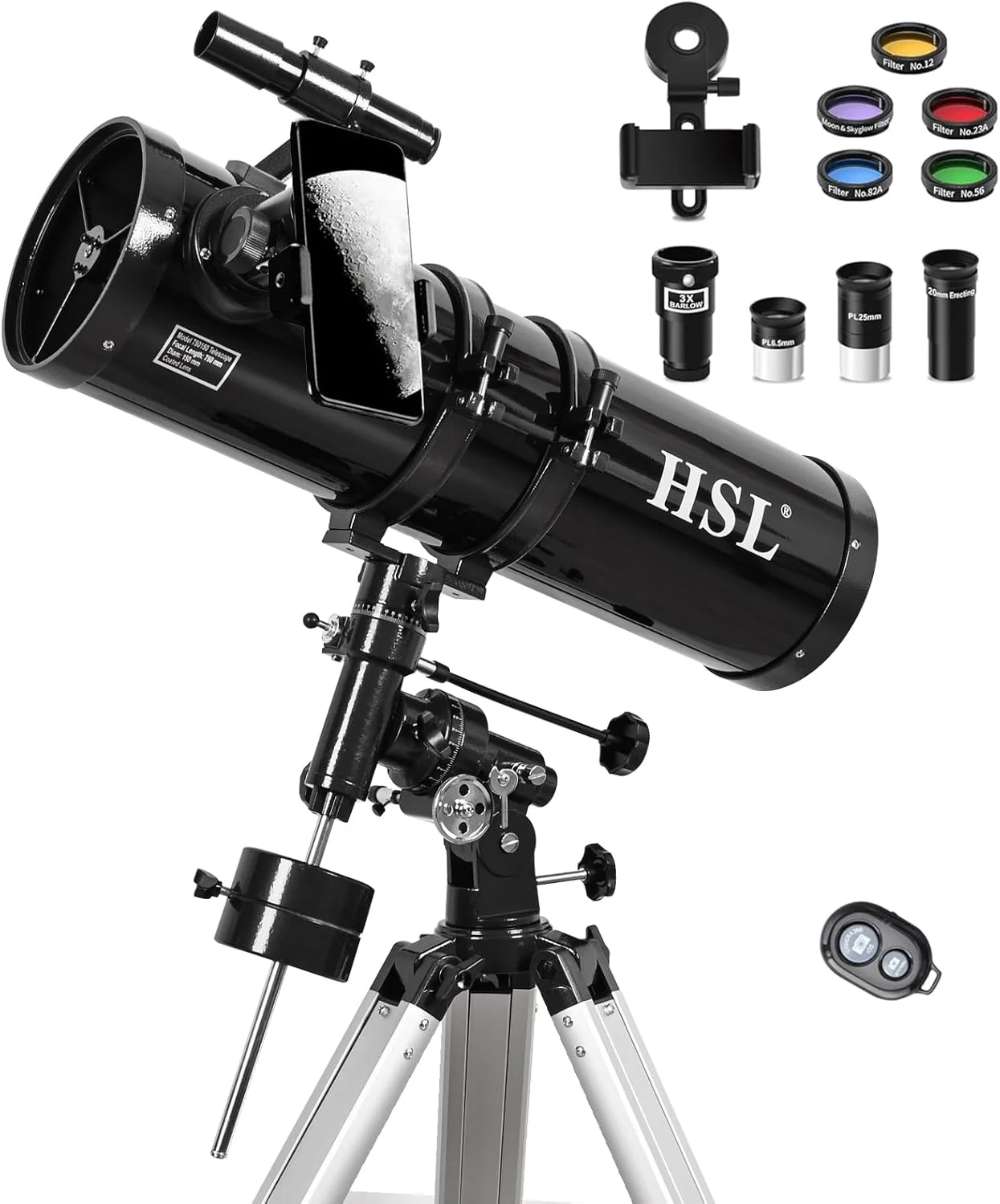 تلسکوپ بازتابی نجومی HSL 150EQ با قدرت بالا برای بزرگسالان، دهانه 150 میلی‌متری، تلسکوپ حرفه‌ای برای ستاره‌شناسی بزرگسالان، همراه با مجموعه 5 فیلتر رنگی و لنز بارلو 3X، مشکی