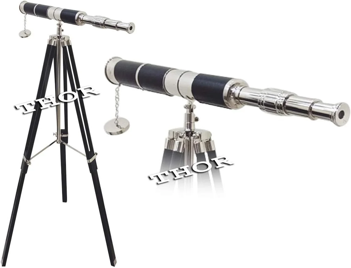 تلسکوپ برنجی کلکسیونی دریایی با روکش چرمی مشکی، تک لول و پایه سه پایه معتبر، دکوری وینتج و روستیک برای منزل تلسکوپ برنجی کلکسیونی دریایی با روکش چرمی مشکی، تک لول و پایه سه پایه معتبر، دکوری وینتج و روستیک برای منزل