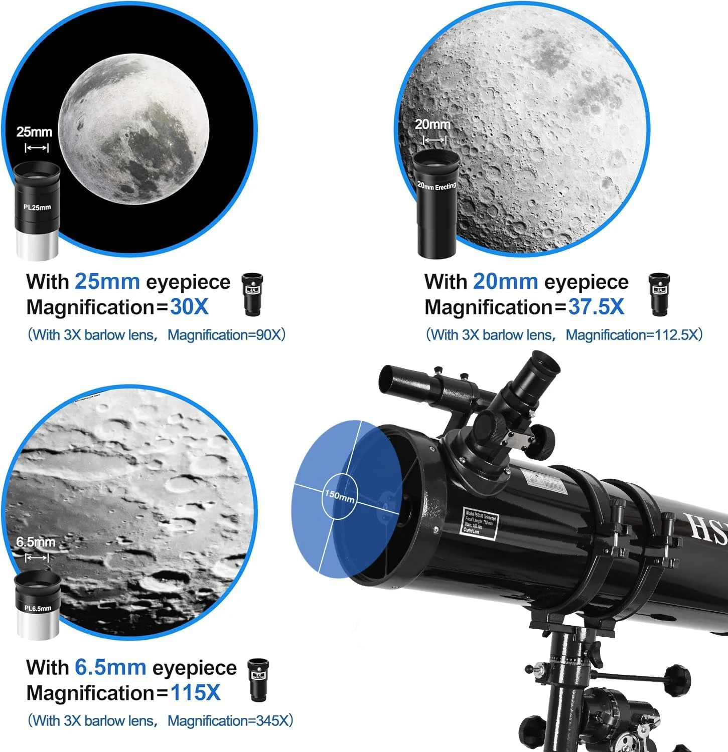 تلسکوپ بازتابی نجومی HSL 150EQ با قدرت بالا برای بزرگسالان، دهانه 150 میلی‌متری، تلسکوپ حرفه‌ای برای ستاره‌شناسی بزرگسالان، همراه با مجموعه 5 فیلتر رنگی و لنز بارلو 3X، مشکی