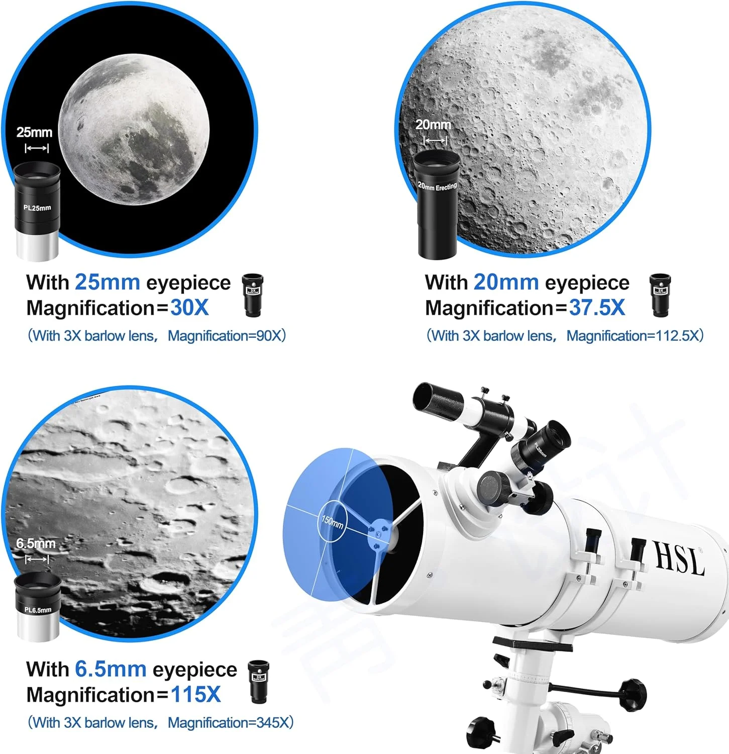 تلسکوپ بازتابی نجومی HSL 150EQ برای بزرگسالان، قدرت بالا، دیافراگم 150 میلی‌متری، تلسکوپ‌های حرفه‌ای برای نجوم بزرگسالان، همراه با مجموعه 5 فیلتر رنگی و لنز بارلو 3X